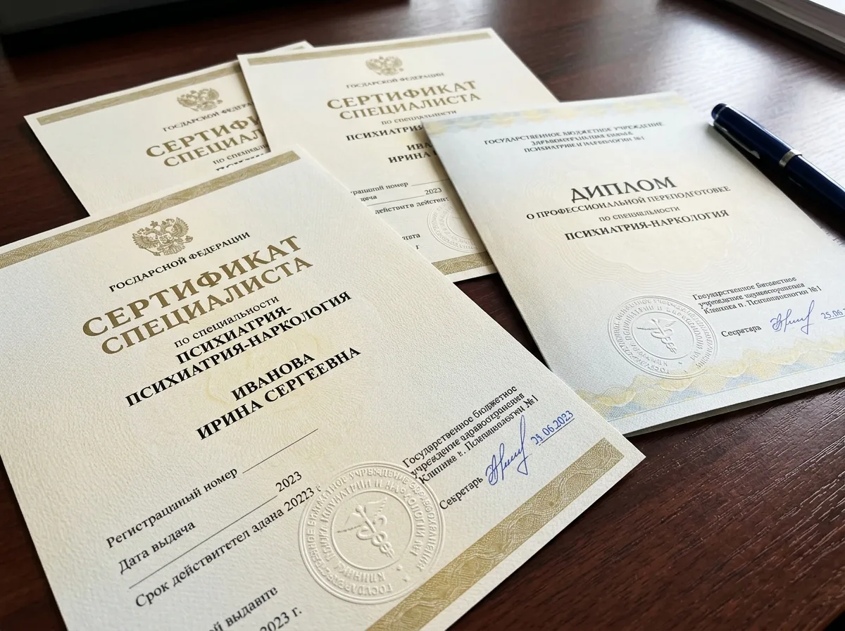 Сертификаты специалистов клиники по психиатрии-наркологии, официальные документы с гербовой печатью медицинского учреждения