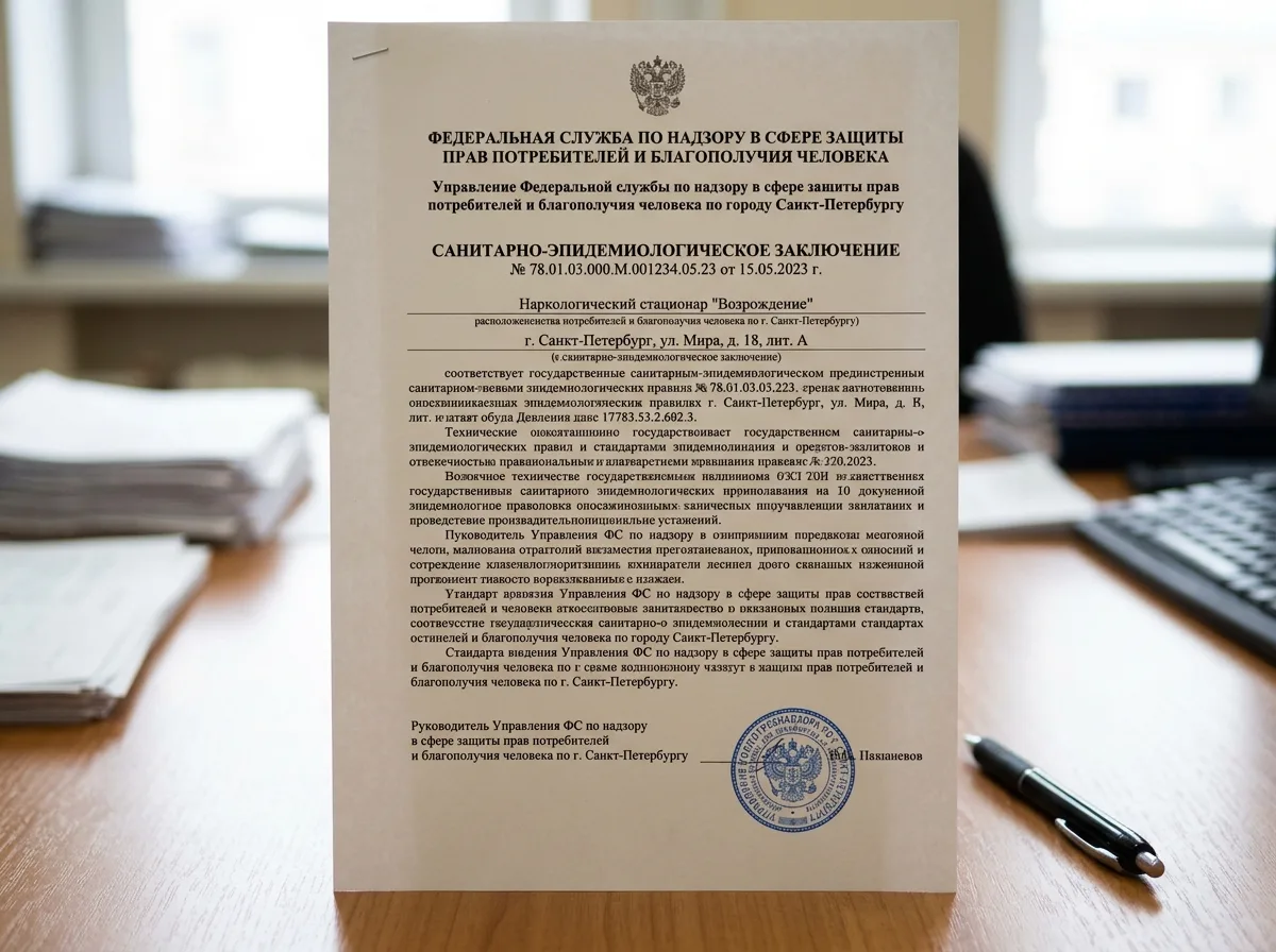 Санитарно-эпидемиологическое заключение Роспотребнадзора для наркологического стационара в Санкт-Петербурге, документ с синей печатью